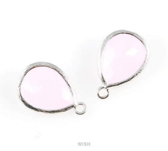 Rose Quartz Teardrop Glass Charm in Rhodium, Framed Drop Glass Gem / GRQRH-005-P