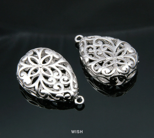 Flower in Teardrop Pendants in Matte Rhodium, Floral Teardrop Charms /MMRH-126-P