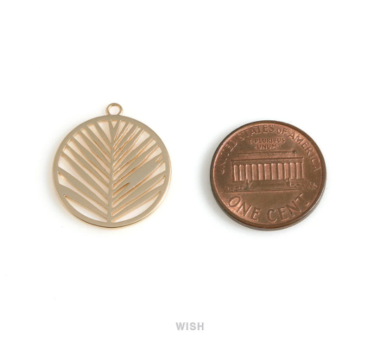 Palm Tree Leaf in Disc in Matte Rhodium, Palm Tree Leaf in Coin Charm / MMRH-647-P