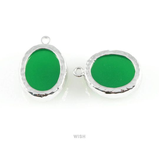 Palace Green Faceted Glass Charms in Rhodium, Framed Oval Pendant / GPGRH-009-P
