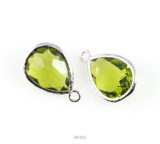 Dark Apple Teardrop Glass Charm in Rhodium, Framed Drop Glass Gem / GDARH-005-P