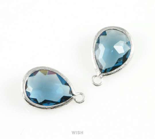 Montana Blue Teardrop Glass Charm in Rhodium, Drop Glass Gem / GMBRH-005-P