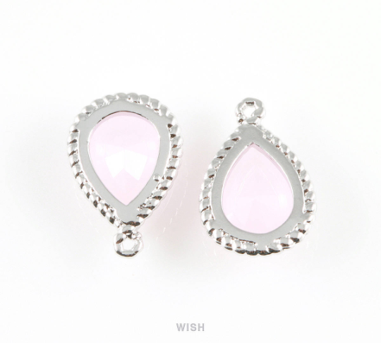 Rose Quartz Teardrop Glass Charm in Rhodium, Framed Drop Glass Gem / GRQRH-006-P