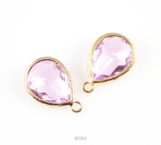 Light Amethyst Teardrop Glass Charm in Gold, Framed Drop Glass Gem /  GLDG-005-P