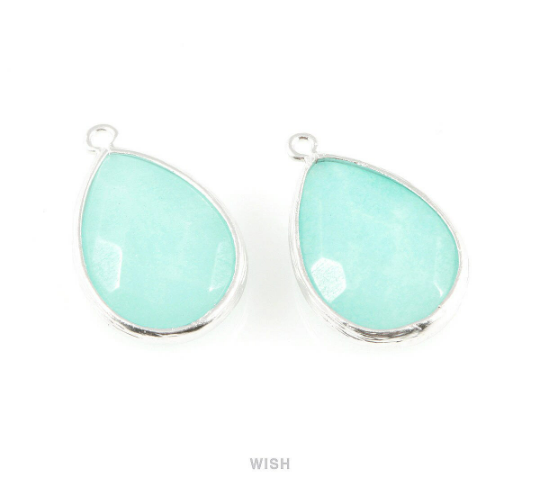 Mint Synthetic Stone Charms in Matte Rhodium, Framed Teardrop Pendant  / SMTMRH-010-P