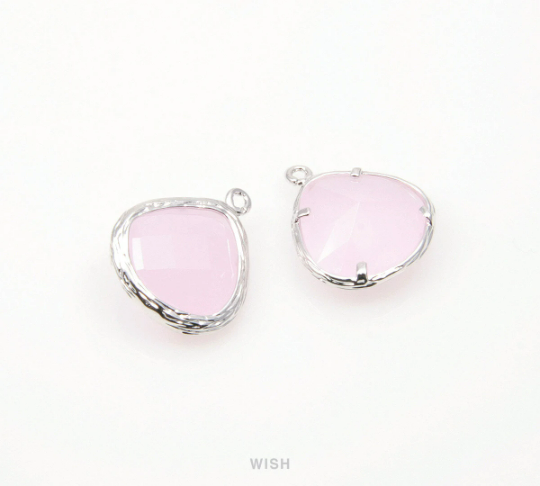 Rose Quartz Faceted Glass Drop Charm in Rhodium, Rose Quartz Charms/ GRQRH-036-P