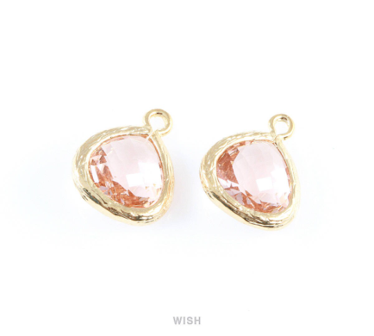 Peach Faceted Glass Charm in Gold, Framed Glass Gem / GPCG-003-P (Small)