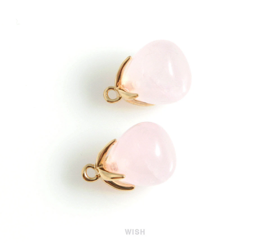 Rose Quartz Teardrop Gemstone Charm in Gold, Rose Quartz Gemstone Pendant / SRQG-105-P