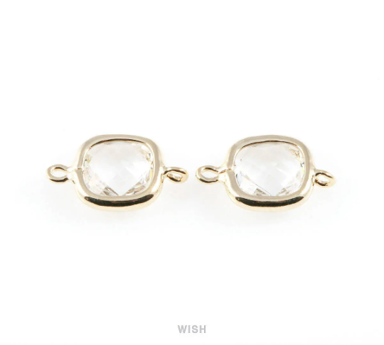 Clear Faceted Glass Connector in Rhodium, Square Framed Connector / GCLRH-041-P