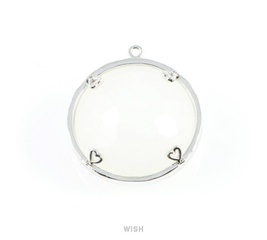 1 piece of White Alabaster Faceted Glass Charms in Rhodium, Framed Round Pendant / GWARH-011-P