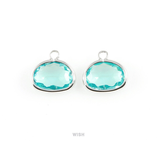 Aquamarine Oval Glass Charm in Gold, Glass Framed Pendant / GAQG-039-P