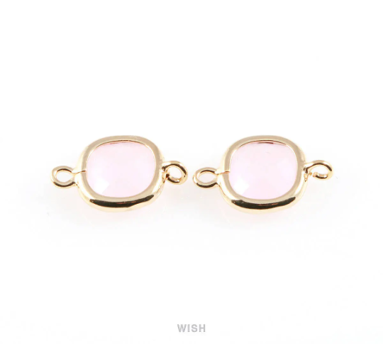 Rose Quartz Faceted Glass Connector in Rhodium, Square Framed Connector / GRQRH-041-P