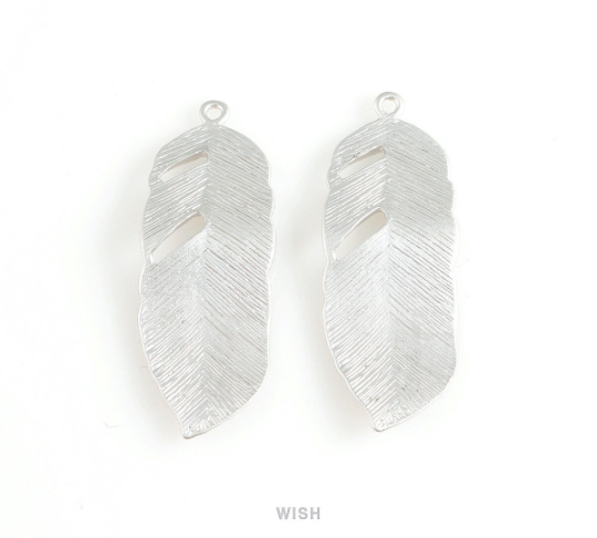 Textured Feather Pendant in Matte Rhodium, Textured Solid Feather Charm / MMRH-208-P