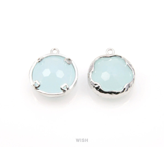 Alice Blue Faceted Glass Charms in Rhodium, Framed Round Pendant / GABRH-090-P (Small)