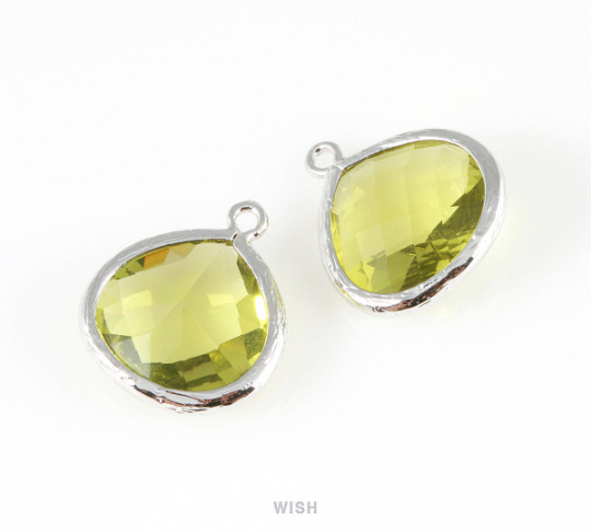 Apple Faceted Glass Charm in Rhodium, Framed Drop Glass Bead / GAPRH-001-P (Large)