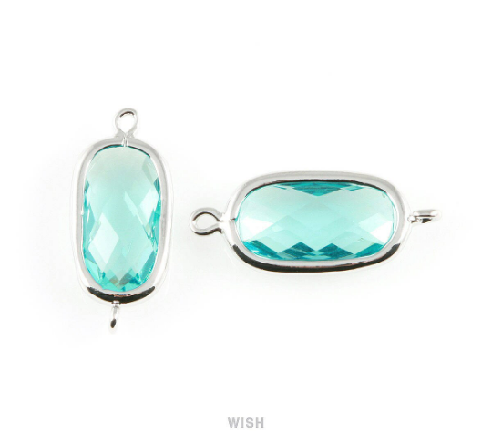 Aquamarine Oval Glass Connector in Rhodium, Framed Oval Connector/ GAQRH-035-C