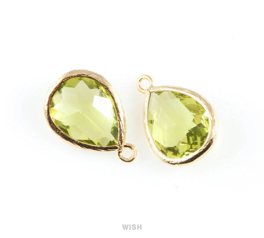 Apple Green Teardrop Glass Charm in Gold, Framed Drop Glass Gem / GAPG-005-P