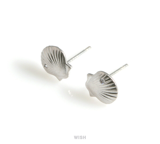 Seashell Stud Earrings in Matt Rhodium, CZ Scallop Seashell Studs / MMRH-569-E