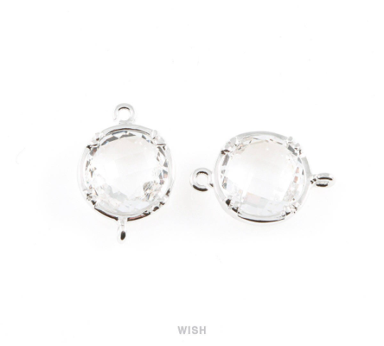 Clear Round Glass Connectors in Rhodium, Framed Glass Gem / GCLRH-018-P (Medium)