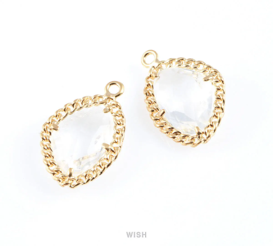 Clear Triangle Shape Pendants in Gold, Framed Triangle Charms / GCLG-034-P