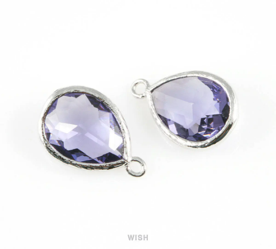 Amethyst Teardrop Glass Charm in Rhodium, Framed Drop Glass Gem /  GTZRH-005-P