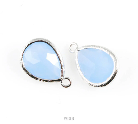 Ice Blue Teardrop Glass Charm in Rhodium, Framed Drop Glass Gem / GIBRH-005-P
