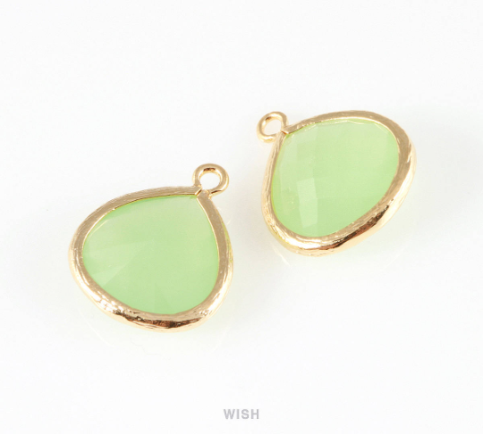 Light Mint Faceted Glass Charm in Gold, Framed Drop Glass Bead / GLMG-001-P (Large)