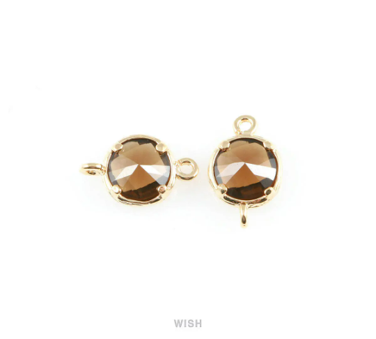 Smoky Quartz faceted Glass Connector in Gold, Framed Round Glass Bead /GSQG-015-P