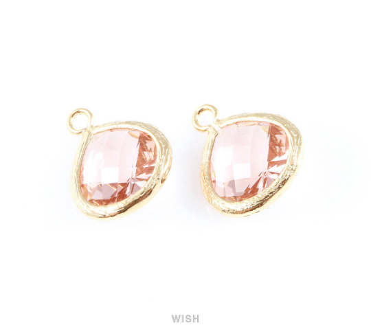 Peach Faceted Glass Charm in Gold, Framed Drop Glass Bead / GPCG-002-P (Medium)