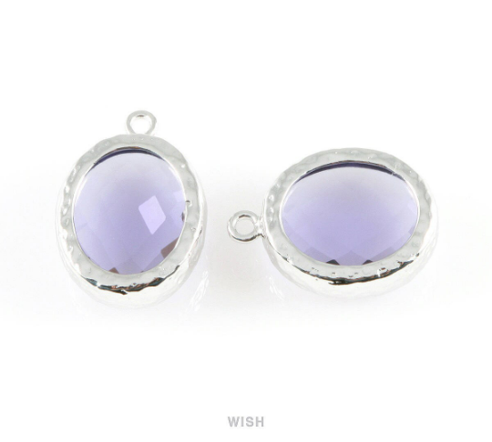 Amethyst Faceted Glass Charms in Rhodium, Framed Oval Pendant/ GTZRH-009-P