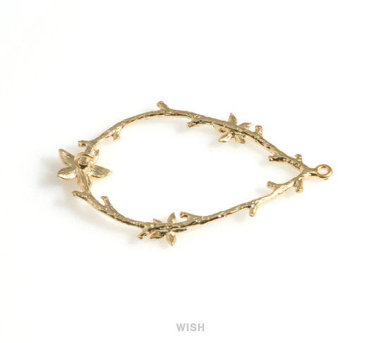 Flower Branch Teardrop Pendant in Matte Gold, Flower on Drop Twig Charm / MMG-641-P