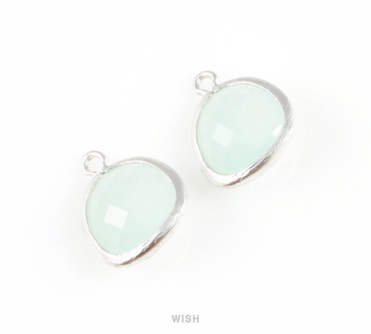 Alice Blue Faceted Glass Charm in Matte Rhodium, Framed Drop Glass Gem / GABMRH-004-P