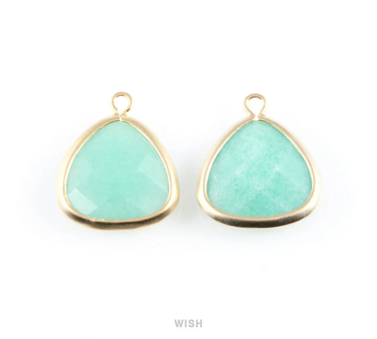 Mint Faceted Stone Charms in Matte Rhodium, Framed Triangle Pendants / SMTMRH-029-C