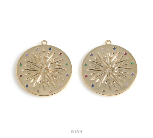 Large Gold Star Disc with Birthstone Pendant, Multi Color Coin Gemstone / MG-428-P2 (1pcs)