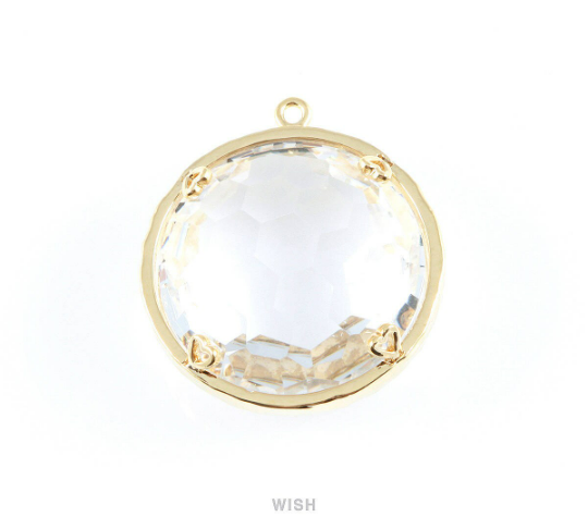 1piece Clear Faceted Glass Charms in Gold, Framed Round Pendant / GCLG-011-P