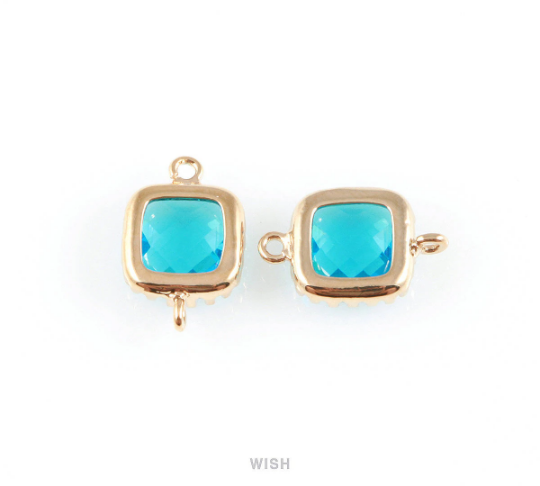 Capri Blue Faceted Glass Connector in Gold, Framed Square Connector / GCBG-007-P
