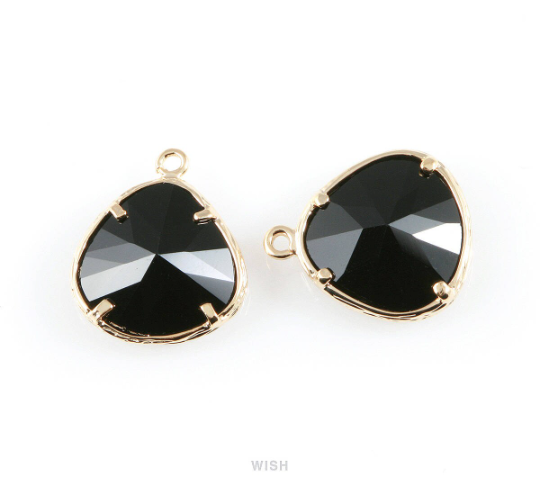 Jet Faceted Glass Charm in Gold, Framed Pendant / Birthstone / GJTG-036-P