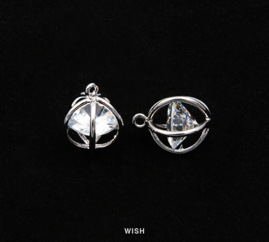 2 pcs Round Cubic Zirconia in Rhodium Globe Cage, Round Shape Cubic Zirconia / CRH-010-P (Large)