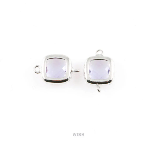 Amethyst Faceted Glass Connector in Rhodium, Framed Square Connector / GTZRH-007-P