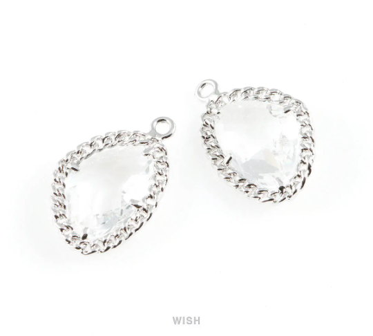 Clear Triangle Shape Pendants in Rhodium, Framed Triangle Charms / GCLRH-034-P