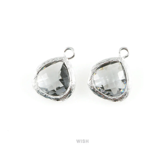 Charcoal Faceted Glass Charm in Rhodium, Framed Glass Gem / GCCRH-003-P (Small)