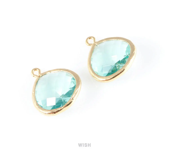 Aquamarine Faceted Glass Charm in Gold, Framed Drop Glass Bead / GAQG-001-P (Large)
