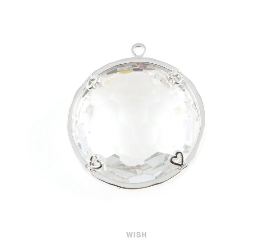 Clear Faceted Glass Charms in Rhodium, Framed Round Pendant / GCLRH-011-P