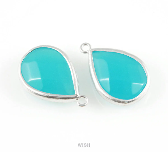 Ocean Blue Faceted Synthetic Stone Charms in Matte Rhodium, Framed Teardrop Pendant / SOBMRH-010-P