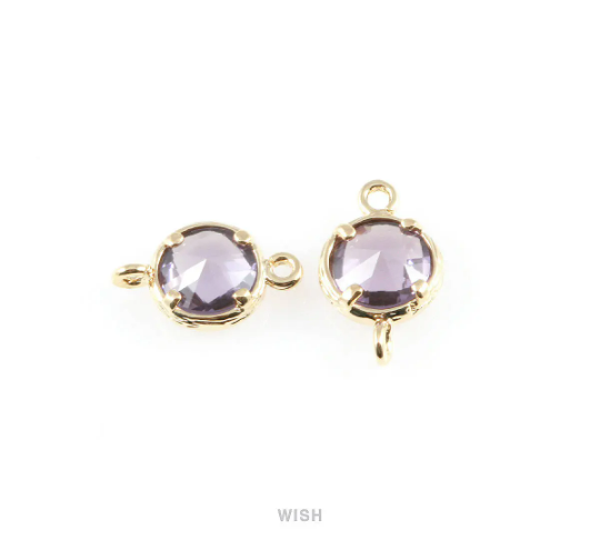 Amethyst faceted Glass Connector in Gold, Framed Round Glass Bead/ GTZG-015-P