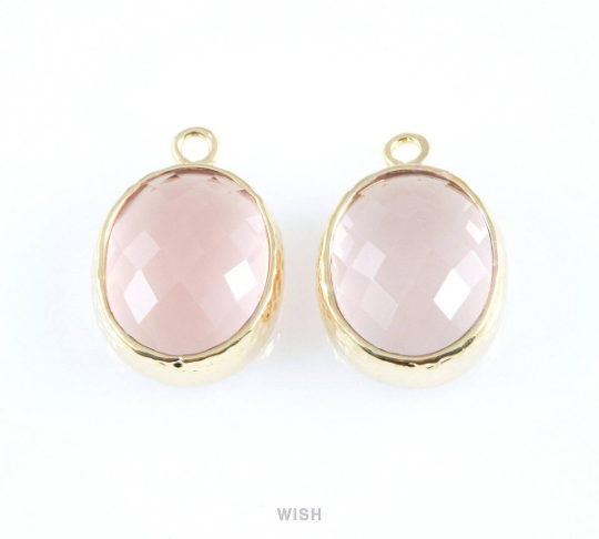 Peach Faceted Glass Charms in Rhodium, Framed Oval Pendant/ GPCRH-009-P