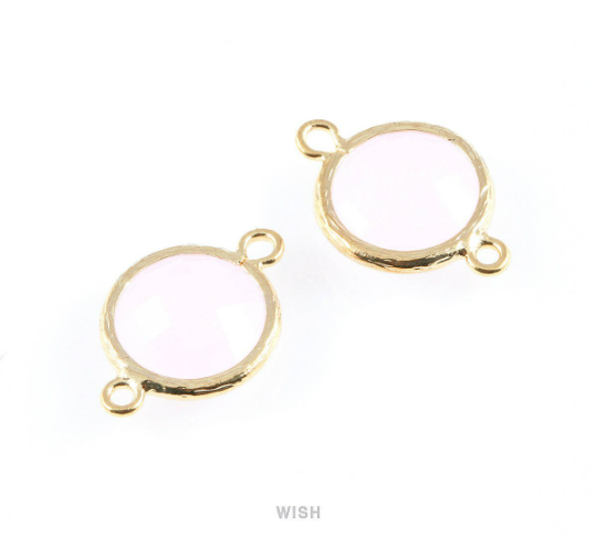 Rose Quartz faceted Glass Connector in Gold, Framed Round Glass Bead /GRQG-014-P