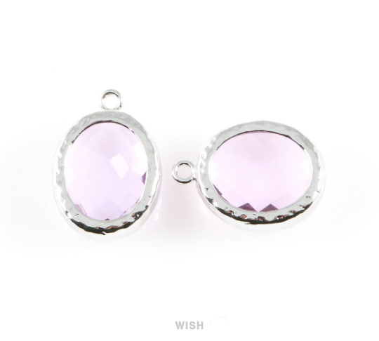 Light Amethyst Faceted Glass Charms in Rhodium, Framed Oval Pendant / GLDRH-009-P