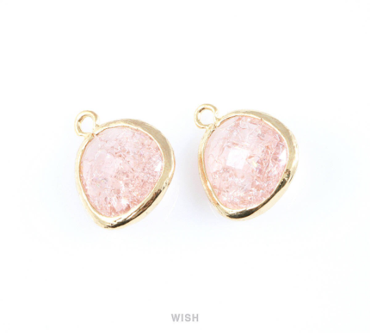 Peach Sparkle Glass Charm in Gold, Framed Drop Glass Bead / GPCG-013-P