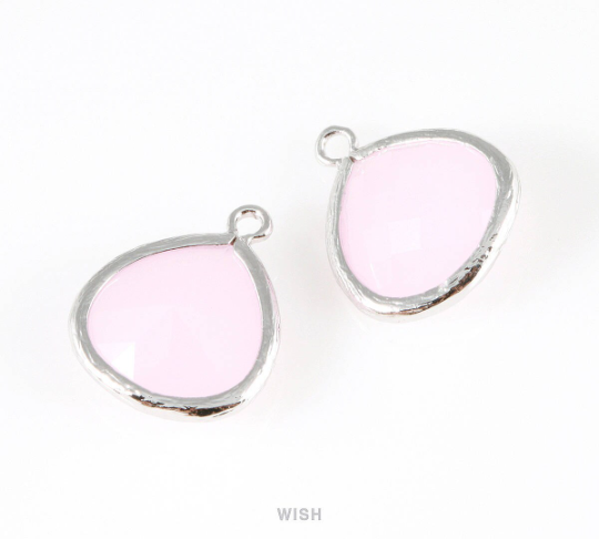 Rose Quartz Faceted Glass Charm in Rhodium, Framed Glass Bead / GRQRH-001-P (Large)